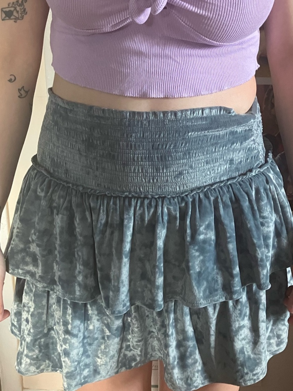 Aerie Crushed Velvet Tiered Skirt in Dusty Blue